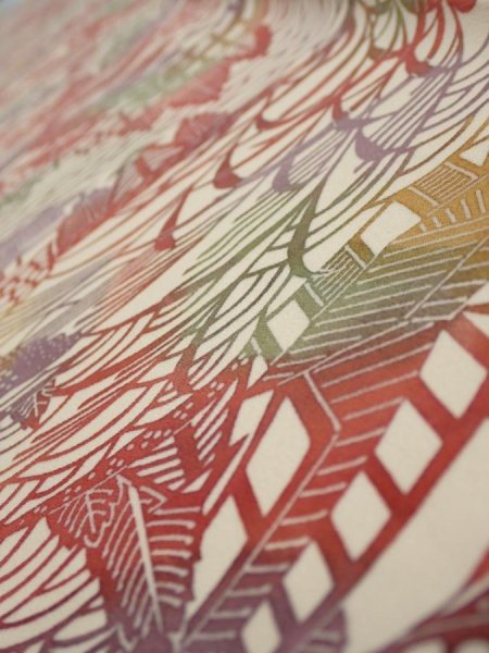 Photo4: 3L07z40  Japanese Kimono Silk  FABRIC Scenery Light cream 51.6x7.3 (4)