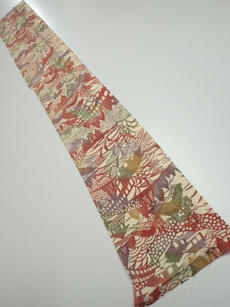 Photo6: 3L07z40  Japanese Kimono Silk  FABRIC Scenery Light cream 51.6x7.3 (6)
