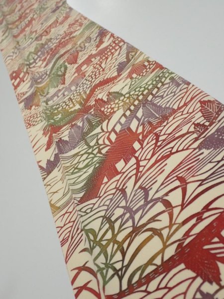Photo1: 3L08z40  Japanese Kimono Silk  FABRIC Scenery Light cream 51.6x7.3 (1)