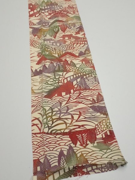 Photo2: 3L08z40  Japanese Kimono Silk  FABRIC Scenery Light cream 51.6x7.3 (2)