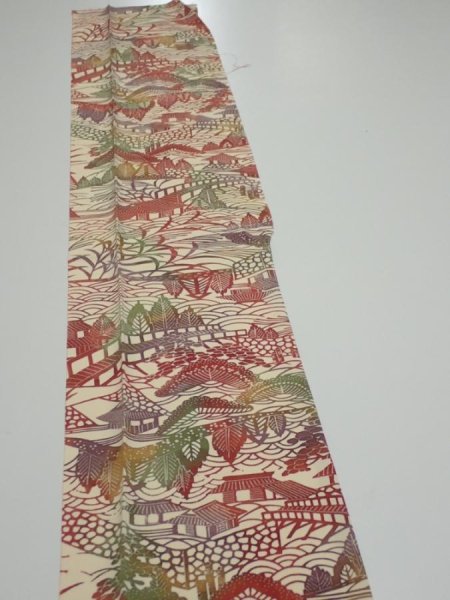 Photo3: 3L08z40  Japanese Kimono Silk  FABRIC Scenery Light cream 51.6x7.3 (3)