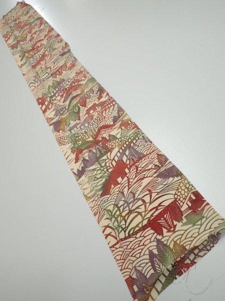 Photo5: 3L08z40  Japanese Kimono Silk  FABRIC Scenery Light cream 51.6x7.3 (5)