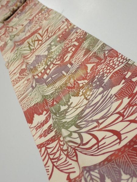 Photo1: 3L09z50  Japanese Kimono Silk  FABRIC Scenery Light cream 72.8x6.5 (1)