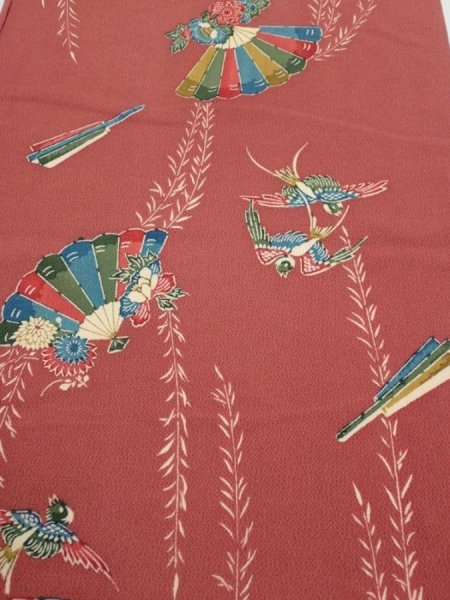 Photo1: 3L02z60  Japanese Kimono Crepe Silk  FABRIC Swallow Orange-Brown 42.1x13.8 (1)