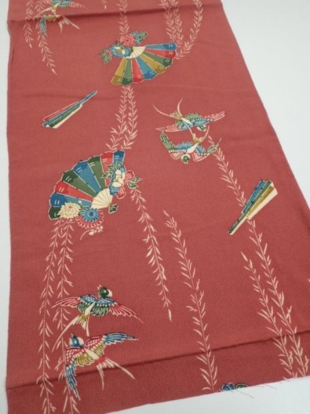 Photo2: 3L02z60  Japanese Kimono Crepe Silk  FABRIC Swallow Orange-Brown 42.1x13.8 (2)