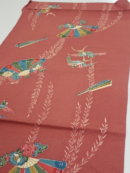 Photo3: 3L02z60  Japanese Kimono Crepe Silk  FABRIC Swallow Orange-Brown 42.1x13.8 (3)
