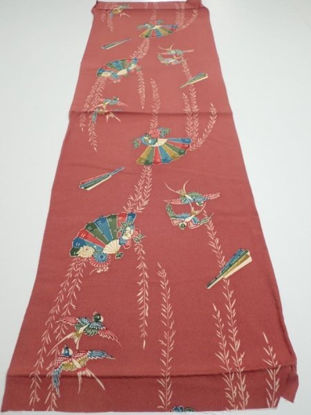 Photo5: 3L02z60  Japanese Kimono Crepe Silk  FABRIC Swallow Orange-Brown 42.1x13.8 (5)