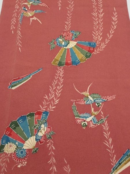 Photo1: 3L04z90  Japanese Kimono Crepe Silk  FABRIC Swallow Orange-Brown 65.0x13.8 (1)