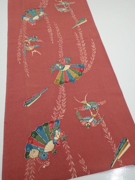 Photo2: 3L04z90  Japanese Kimono Crepe Silk  FABRIC Swallow Orange-Brown 65.0x13.8 (2)