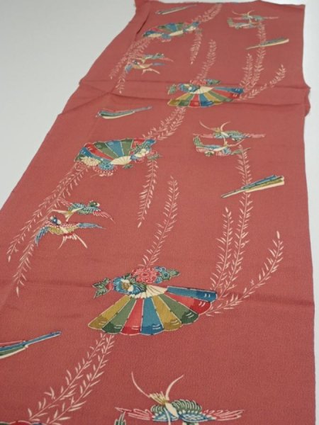 Photo3: 3L04z90  Japanese Kimono Crepe Silk  FABRIC Swallow Orange-Brown 65.0x13.8 (3)