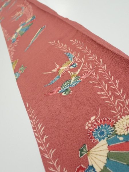 Photo1: 3L07z40  Japanese Kimono Crepe Silk  FABRIC Swallow Orange-Brown 56.7x7.1 (1)