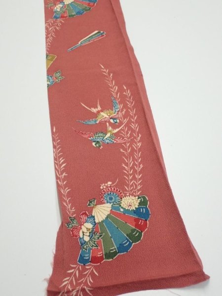 Photo2: 3L08z40  Japanese Kimono Crepe Silk  FABRIC Swallow Orange-Brown 56.7x7.1 (2)