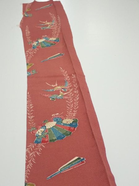 Photo3: 3L08z40  Japanese Kimono Crepe Silk  FABRIC Swallow Orange-Brown 56.7x7.1 (3)