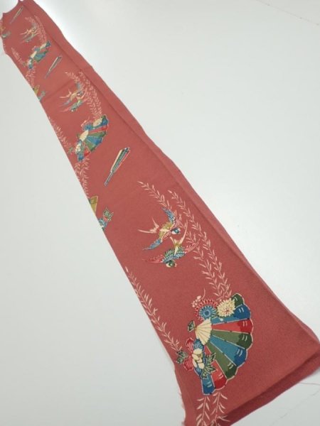 Photo5: 3L08z40  Japanese Kimono Crepe Silk  FABRIC Swallow Orange-Brown 56.7x7.1 (5)