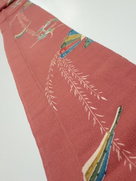 Photo1: 3L09z60  Japanese Kimono Crepe Silk  FABRIC Swallow Orange-Brown 82.7x6.3 (1)