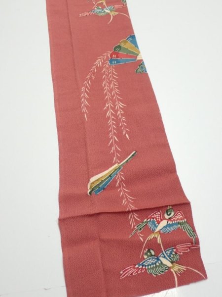 Photo2: 3L09z60  Japanese Kimono Crepe Silk  FABRIC Swallow Orange-Brown 82.7x6.3 (2)