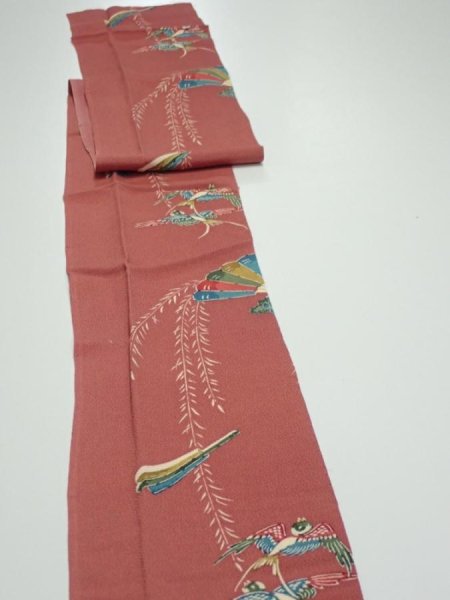 Photo3: 3L09z60  Japanese Kimono Crepe Silk  FABRIC Swallow Orange-Brown 82.7x6.3 (3)