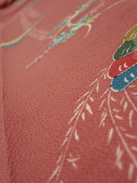 Photo4: 3L09z60  Japanese Kimono Crepe Silk  FABRIC Swallow Orange-Brown 82.7x6.3 (4)