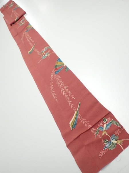 Photo5: 3L09z60  Japanese Kimono Crepe Silk  FABRIC Swallow Orange-Brown 82.7x6.3 (5)