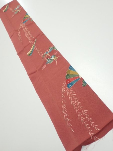 Photo1: 3L10z30  Japanese Kimono Crepe Silk  FABRIC Swallow Orange-Brown 37.4x6.5 (1)