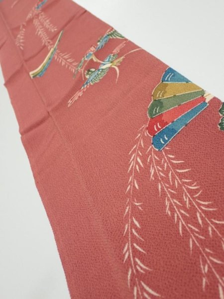 Photo2: 3L10z30  Japanese Kimono Crepe Silk  FABRIC Swallow Orange-Brown 37.4x6.5 (2)