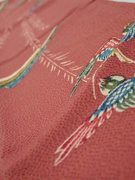 Photo3: 3L10z30  Japanese Kimono Crepe Silk  FABRIC Swallow Orange-Brown 37.4x6.5 (3)