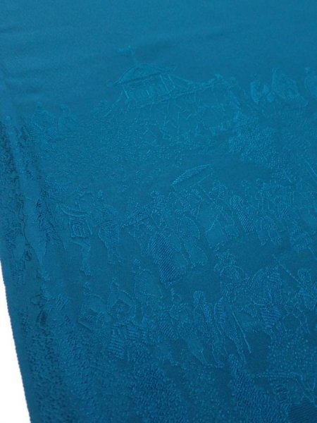 Photo6: 2i01z90  Japanese Kimono Silk  FABRIC Festival Deep cyan 65.0x14.4 (6)