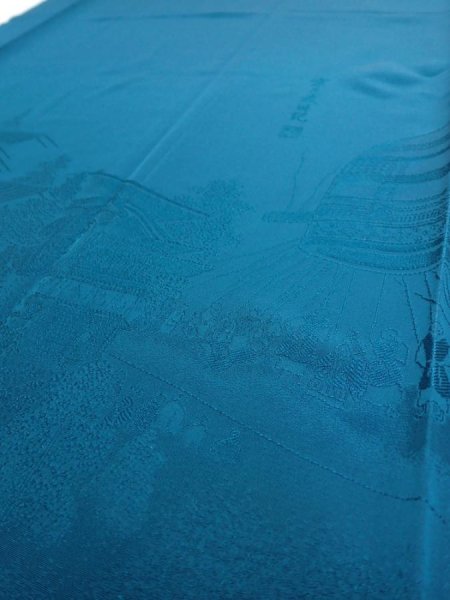 Photo4: 2i02z140  Japanese Kimono Silk  FABRIC Festival Deep cyan 56.7x18.1 (4)