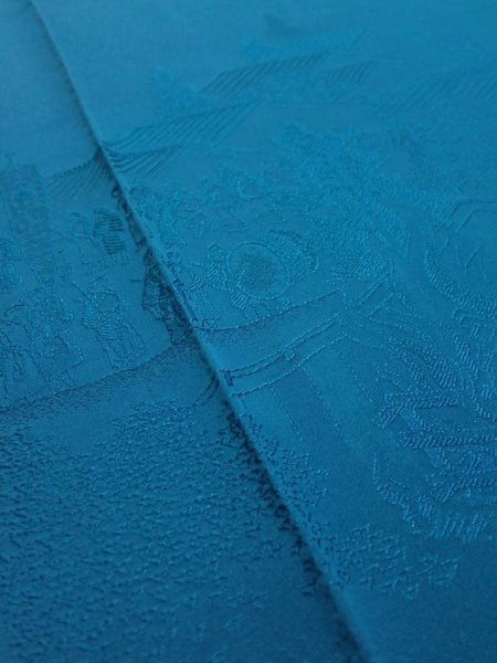 Photo5: 2i02z140  Japanese Kimono Silk  FABRIC Festival Deep cyan 56.7x18.1 (5)