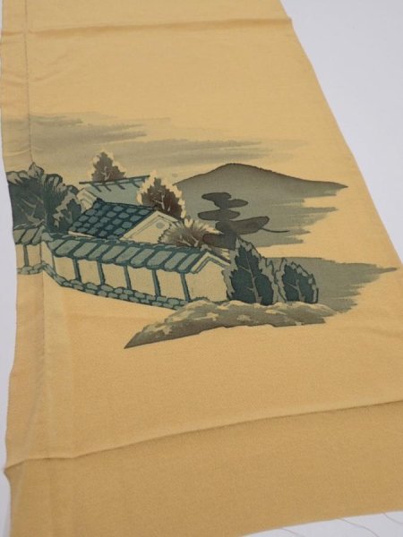 Photo2: 2i01z70  Japanese Kimono Crepe Silk  FABRIC Scenery Yellow ochre 43.3x14.2 (2)