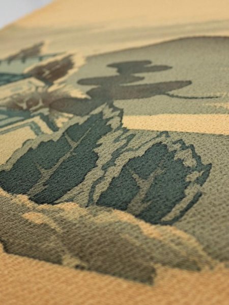 Photo3: 2i01z70  Japanese Kimono Crepe Silk  FABRIC Scenery Yellow ochre 43.3x14.2 (3)