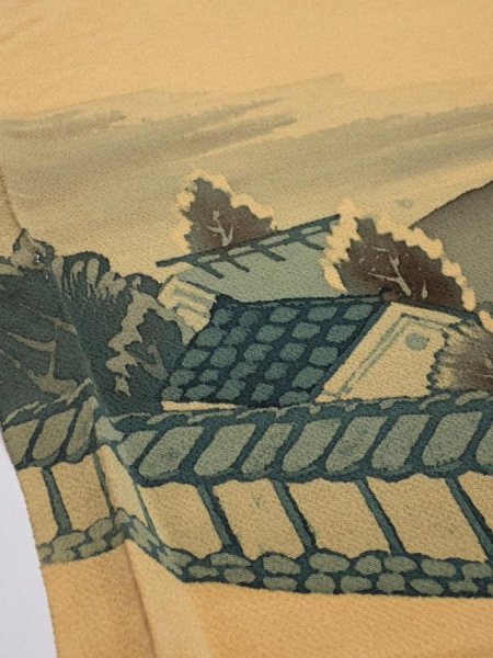 Photo4: 2i01z70  Japanese Kimono Crepe Silk  FABRIC Scenery Yellow ochre 43.3x14.2 (4)