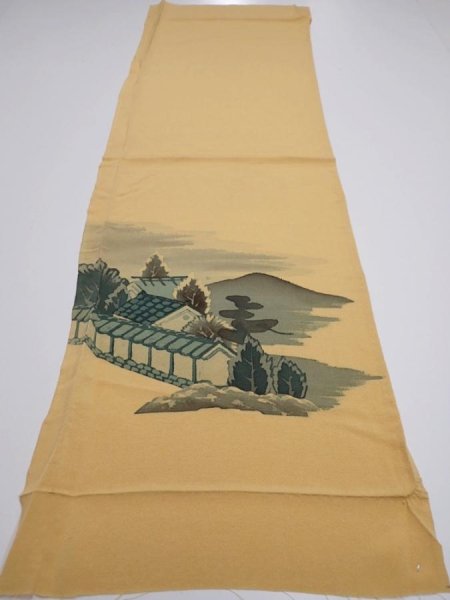 Photo6: 2i01z70  Japanese Kimono Crepe Silk  FABRIC Scenery Yellow ochre 43.3x14.2 (6)