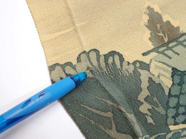 Photo9: 2i01z70  Japanese Kimono Crepe Silk  FABRIC Scenery Yellow ochre 43.3x14.2 (9)