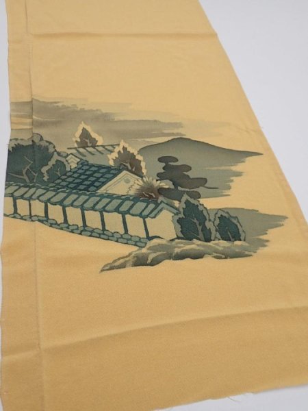 Photo2: 2i02z70  Japanese Kimono Crepe Silk  FABRIC Scenery Yellow ochre 43.3x14.2 (2)