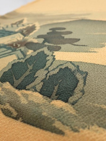 Photo3: 2i02z70  Japanese Kimono Crepe Silk  FABRIC Scenery Yellow ochre 43.3x14.2 (3)
