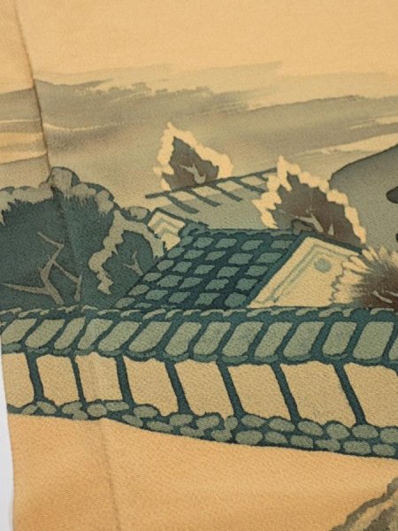 Photo4: 2i02z70  Japanese Kimono Crepe Silk  FABRIC Scenery Yellow ochre 43.3x14.2 (4)