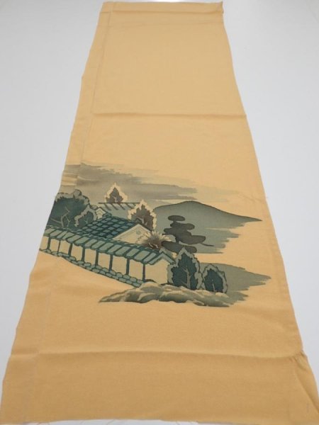 Photo7: 2i02z70  Japanese Kimono Crepe Silk  FABRIC Scenery Yellow ochre 43.3x14.2 (7)