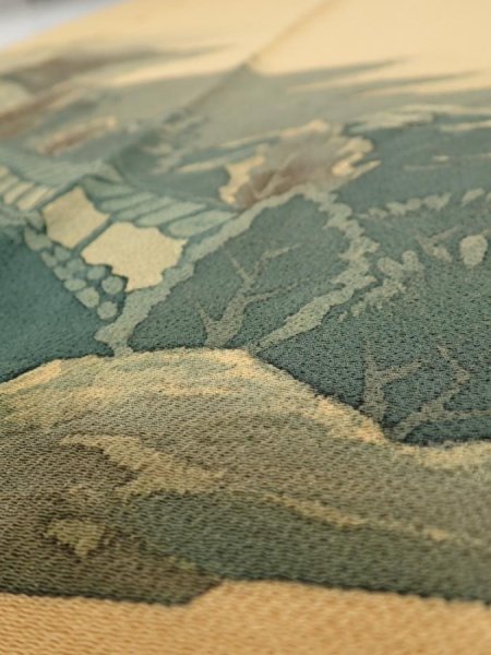 Photo3: 2i03z240  Japanese Kimono Crepe Silk  FABRIC Scenery Yellow ochre 55.5x27.6 (3)