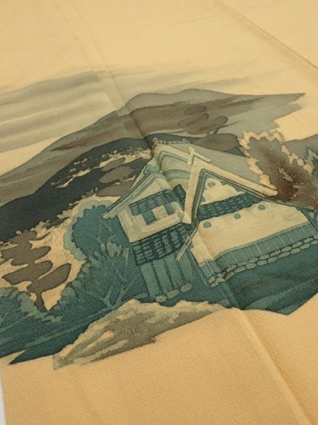 Photo4: 2i03z240  Japanese Kimono Crepe Silk  FABRIC Scenery Yellow ochre 55.5x27.6 (4)