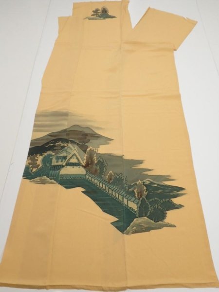 Photo5: 2i03z240  Japanese Kimono Crepe Silk  FABRIC Scenery Yellow ochre 55.5x27.6 (5)