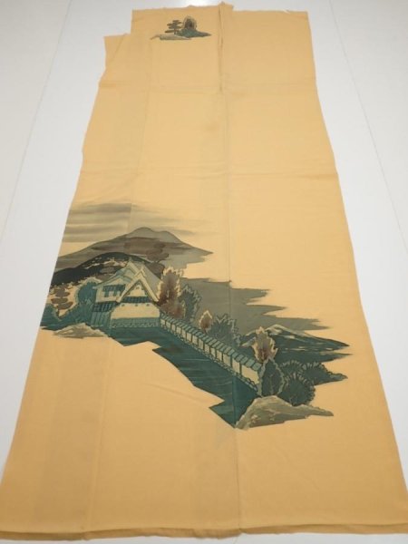 Photo9: 2i03z240  Japanese Kimono Crepe Silk  FABRIC Scenery Yellow ochre 55.5x27.6 (9)