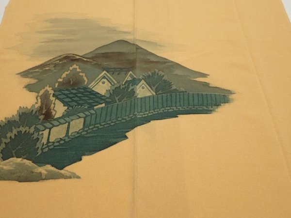 Photo1: 2i04z180  Japanese Kimono Crepe Silk  FABRIC Scenery Yellow ochre 52.8x24.8 (1)