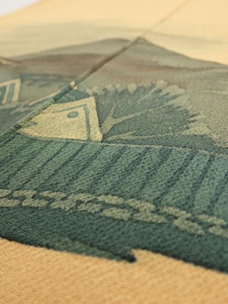 Photo2: 2i04z180  Japanese Kimono Crepe Silk  FABRIC Scenery Yellow ochre 52.8x24.8 (2)