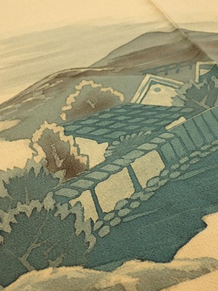 Photo4: 2i04z180  Japanese Kimono Crepe Silk  FABRIC Scenery Yellow ochre 52.8x24.8 (4)