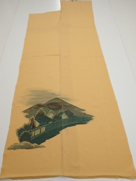 Photo5: 2i04z180  Japanese Kimono Crepe Silk  FABRIC Scenery Yellow ochre 52.8x24.8 (5)