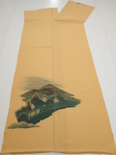 Photo6: 2i04z180  Japanese Kimono Crepe Silk  FABRIC Scenery Yellow ochre 52.8x24.8 (6)