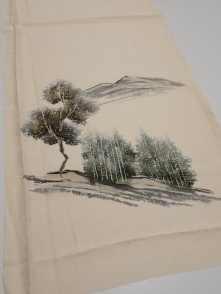 Photo2: 2i01z50  Japanese Kimono Silk  FABRIC Scenery Cream-White 40.3x14.4 (2)