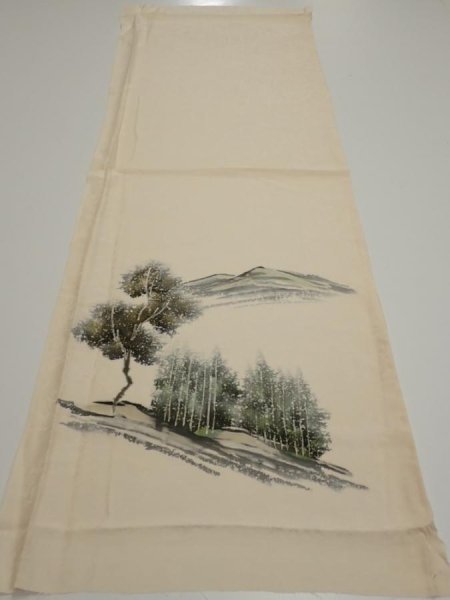 Photo5: 2i01z50  Japanese Kimono Silk  FABRIC Scenery Cream-White 40.3x14.4 (5)