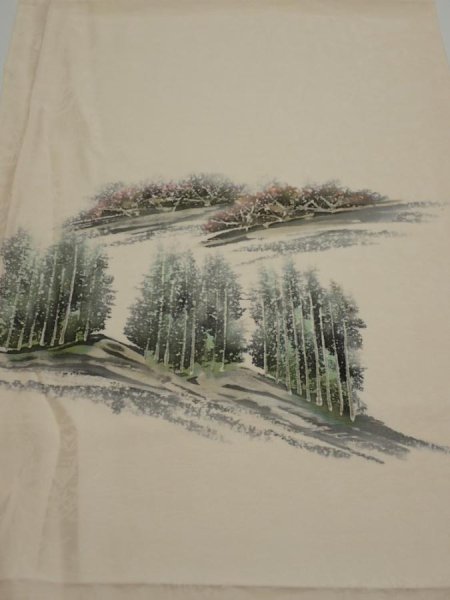 Photo1: 2i02z50  Japanese Kimono Silk  FABRIC Scenery Cream-White 40.9x14.2 (1)
